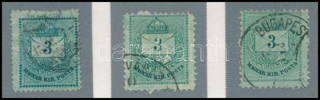 1874/1881 3 db 3kr gyöngyjavítás, elkent lemez, karcok (ex Orbán, Sebestyén aranyérmes kiállítási gyűjteményből)