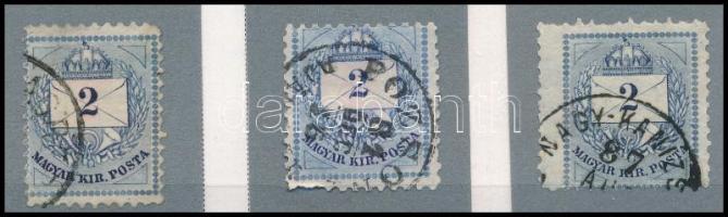 1881 3 db 2kr erős méret különbségek, extra keskeny, széles (ex Orbán, Sebestyén aranyérmes kiállítási gyűjteményből)
