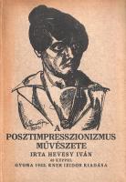 Hevesy Iván:  A posztimpresszionizmus művészete. Gyoma, 1922. Kner Izidor (ny.) 99 + [1] p. Egyetlen kiadás. Hevesy Iván (1893-1966) művészettörténész, Kassák Lajos baráti körének tagjaként elsősorban az avantgárd művészet szakértője. 1922 során három művészettörténeti munkája is megjelent a Kner Kiadónál. Szövegközti és egész oldalas illusztrációkkal gazdagon illusztrált tanulmánya az impresszionizmust maguk mögött hagyó hazai és külföldi festők, illusztrátorok műveiből válogat (Vincent Van Gogh, Edward Munch, Oskar Kokoschka, Márffy Ödön, Kernstok Károly, Kozma Lajos, Perlrott Csaba Vilmos, Szőnyi István). A 69-92. oldal között képmelléklettel, a kötet végén válogatott bibliográfiával, Kozma Lajos könyvdíszeivel. Lévay-Haiman 1.329. Nemes Lampérth József tusrajzával illusztrált kiadói kartonkötésben. Jó példány.