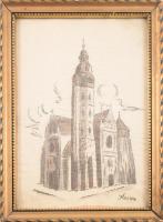 [Grafika] A kassai Szent Erzsébet-székesegyház. Ismeretlen grafikus selyemnyomata (1910 körül). [Kassa, 1910 körül]. Selyemvászonra készült nyomat, mérete: 170x115 mm egy 195x140 mm méretű lapon. Ismeretlen rajzoló által készített nyomatunk Európa legkeletebbre található gótikus székesegyházat, a kassai Szent Erzsébet-dómot ábrázolja. A XV. században emelt katedrális nagyobb, neogótikus átépítésére Steindl Imre tervei szerint 1877-1896 között került sor, a látvány központi elemét jelentő Mátyás-torony 1904-ben nyerte el ma is ismert, képünkön is látható formáját. A kassai főegyházmegye székesegyház templomában 1906-ban helyezték el a száműzött fejedelem, II. Rákóczi Ferenc hamvait. Nyomatunk az ezt követő években keletkezhetett, hátoldalán a kassai Gupa Rt. üveg-, porcelán- és díszműáru-kereskedő és épületüvegező vállalkozás hirdetése, a kassai főtéren, azaz a Fő utca 11. szám alatt álló irodája, és Fő utca 73. szám alatt álló kereskedése címei feltüntetésével. Jó állapotú nyomat, keretezve, üveglap mögött.