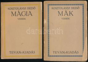 2 db - Kosztolányi Dezső: Mák. Versek. 1920, Tevan. Második kiadás. + Kosztolányi Dezső: Mágia. Versek.1920, Tevan. Második kiadás. Kiadói sérült papírkötés, kopottas állapotban.