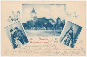 1900 Keresztényfalva, Neustadt-Burzenland bei Kronstadt, Cristian; Brautpaar, Kirchenburg, Junge Ehefrau / jegyespár, evangélikus templom, fiatal asszony népviseletben / couple infolk costume, Lutheran church, young lady in folk costume. Art Nouveau, floral (apró szakadás / tiny tear)