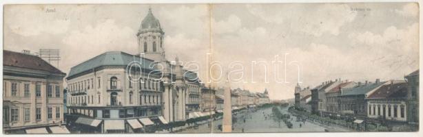1908 Arad, Andrássy tér, Központi Divatáruház, Radó Gyula, Úri Fehérneműek üzlete. Ifj. Klein Mór kiadása, 2-részes kihajtható panorámalap / square, fashion store, shops. 2-tiled folding panorama card (fl)