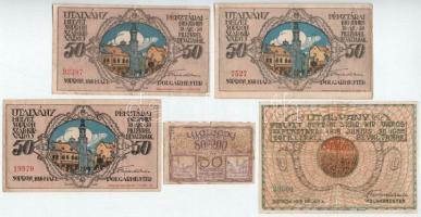 1918. május 1. Sopron 10f utalvány + 50f utalvány (3x) + 1919. 50f utalvány T:F Adamo SOP4.1, SOP4.2, SOP-5.1.1