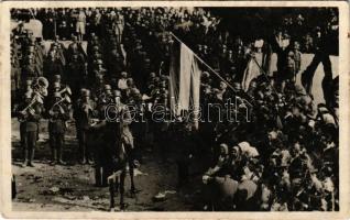 1938 Ipolyság, Sahy; 'A Felvidék felszabadulásának első örömünnepe', bevonulás, magyar zászló. Az Est fotó / entry of the Hungarian troops, Hungarian flag + "1938 Az Első Visszatért Magyar Város Ipolyság" So. Stpl. (fl)