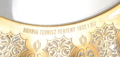 Antik áttört mintás réz szerelékes tálca csiszolt üvegbetéttel, három gömb lábon, "HUNNIA TENIS...