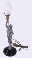 Antik fém (spiáter?) nőalakos lámpa, fa talapzaton, savmaratott lángbúrával, m: 56 cm