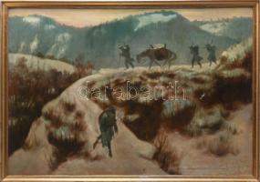 Ijjász Gyula (1874-1943): Első világháborús katonák Uzsoknál (Kárpátalja), 1915. keretben. Olaj, karton, jelzett. Sérült. Dekoratív fakeretben. 48x70 cm