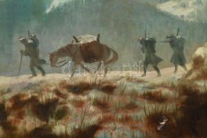 Ijjász Gyula (1874-1943): Első világháborús katonák Uzsoknál (Kárpátalja), 1915. keretben. Olaj, kar...