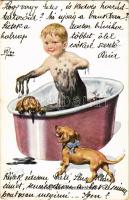 1917 Gruss aus Franzensbad (Frantiskovy Lázne) / mud spa humour art postcard with boy and dogs. B.K.W.I. 225-3. s: K. Feiertag (EB)