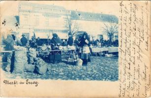 1899 (Vorläufer) Eszék, Essegg, Osijek; Markt, Apotheke, Waarenhaus / Piac, Florian Stanetty üzlete, gyógyszertár / market, shop, pharmacy (EK)