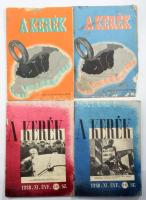 1938-1939 A Kerék c. autós folyóirat 4 db száma: XI. évf. 4-6. sz. és 9-12 sz., XII. évf. 4. és 5. sz., változó állapotban, közte sérült, foltos