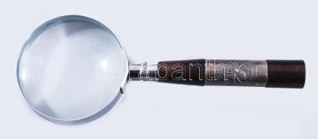 Nagyító pácolt fa nyéllel, pók ábrázolással díszített ezüst (Ag) berakással, jelzett, h: 16 cm