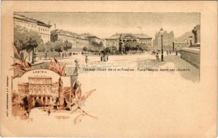 Budapest V. Ferenc József tér és az Akadémia, Ezredéves Országos Kiállítás. Pesti Könyvnyomda R.T. Art Nouveau, floral, litho + 2 Kr. barna Ga. (EK)
