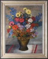 Vörös Géza jelzéssel: Csendélet. Olaj, karton. Dekoratív, kissé sérült fakeretben. 63x48,5 cm