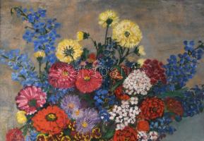 Vörös Géza jelzéssel: Csendélet. Olaj, karton. Dekoratív, kissé sérült fakeretben. 63x48,5 cm