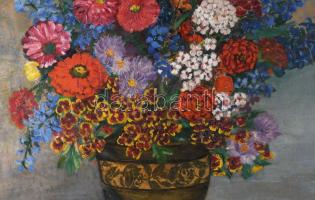 Vörös Géza jelzéssel: Csendélet. Olaj, karton. Dekoratív, kissé sérült fakeretben. 63x48,5 cm