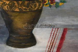 Vörös Géza jelzéssel: Csendélet. Olaj, karton. Dekoratív, kissé sérült fakeretben. 63x48,5 cm