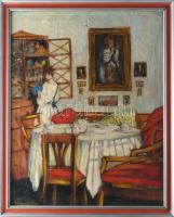 Jelzés nélkül, XX. sz. eleje: Enteriőr festményekkel. Olaj, vászon. Proveniencia: Saphier-gyűjtemény. Javított. Sérült. Dekoratív, kissé sérült fakeretben. 69,5x55 cm