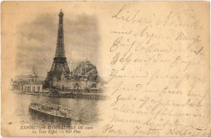 1900 Paris, Exposition Universelle de 1900. La Tour Eiffel. ND Phot. / Eiffel Tower, steamship. Paris International Exposition world's fair (EK)