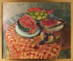 Korschelt Miklós (1900-1982): Dinnyés csendélet, 1936. Olaj, vászon. Jelzett. Hátoldalán autográf felirattal. Proveniencia: Saphier-gyűjtemény. Apró felületi sérülésekkel (festékhiányokkal). Dekoratív fakeretben. 50x60 cm