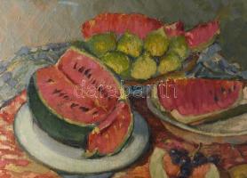 Korschelt Miklós (1900-1982): Dinnyés csendélet, 1936. Olaj, vászon. Jelzett. Hátoldalán autográf fe...