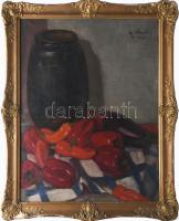 Olvashatatlan (Ivanovics M?) jelzéssel: Paprikás csendélet, 1936. Olaj, vászon. Proveniencia: Saphier-gyűjtemény. Apró felületi sérülésekkel. Dekoratív, sérült fakeretben. 69x53 cm