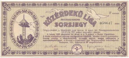 1925. Budapest "Közérdekű Liga Sorsjegy" 5000K értékben "F" sorozat "058647" sorszámmal T:F szép papír