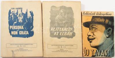 3 db könyv: Turi András: Persona non grata.; Alekszandr Naszibov: Rejtekhely az Elbán. I. köt. Ford.: Szathmári Gábor. Belügyminisztérium kiskönyvtára 1962. 1. és 2. szám. [Bp.], 1962, Belügyminisztérium Tanulmányi és Módszertani Osztálya. Kiadói papírkötés. + Pauló Mihály: Új tavasz. Határőrök kiskönyvtára. [Bp.], 1961, BM Határőrség Politikai Csoportfőnökség. Kiadói papírkötés, kissé foltos, sérült.