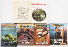 Vegyes horgászati kiadvány tétel, 6 db: Fürdik a hal. Horgásztörténetek. Szerk.: Szász Imre, Zabos Géza: A kacagó harcsa, Horgászpraktikák 3 kötete (Keszegezés, Az orsó, Fogjunk többet!), Magyarország horgászvizei térkép 1998.