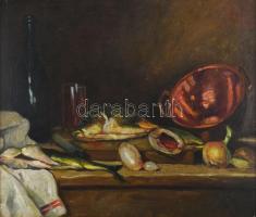 Zana S jelzéssel: Csendélet halakkal, 1937. Olaj, karton, faroston. Dekoratív, sarkaiban kissé sérült fakeretben. 35x41 cm