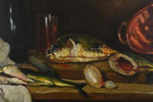 Zana S jelzéssel: Csendélet halakkal, 1937. Olaj, karton, faroston. Dekoratív, sarkaiban kissé sérül...