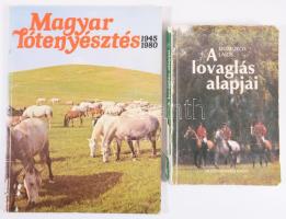 Domokos Lajos: A lovaglás alapjai. Bp., 1987, Mezőgazdasági Kiadó. Gazdag képanyaggal illusztrált. Kiadói papírkötés, kopott borítóval, sérült gerinccel. + Magyar lótenyésztés 1945-1980. Főszerk.: Moldován Tamás. Bp., 1980, IPV. Kiadói papírkötés.