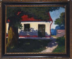 Jelzés nélkül, XX. sz. eleje: Napfényes udvar. Olaj, karton. Hátoldalán Kerpel Izsó aradi kereskedő raglapjával. Proveniencia: Saphier-gyűjtemény. Jobb felső sarkában kisebb sérüléssel. Szecessziós, antik, sérült fakeretben. 39,5x50 cm