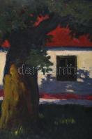 Jelzés nélkül, XX. sz. eleje: Napfényes udvar. Olaj, karton. Hátoldalán Kerpel Izsó aradi kereskedő ...