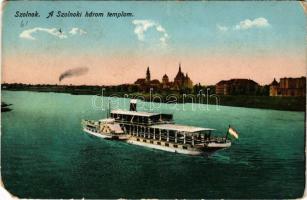 1914 Szolnok, A szolnoki három templom, zsinagóga, BORISKA gőzhajó. Kisné kiadása (EM)