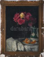 Edvi Illés Aladárné, Karády Etel (1877-1963): Asztali csendélet. Olaj, vászon, kartonra ragasztva. Jelzett. Proveniencia: Saphier-gyűjtemény. Dekoratív, sérült fakeretben. 52,5x39 cm
