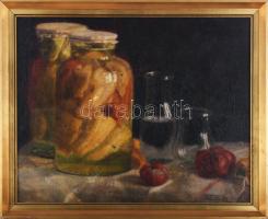 Artner M. jelzéssel: Befőttes csendélet, 1918. Olaj, vászon, farostra ragasztva. Proveniencia: Saphier-gyűjtemény. Dekoratív fakeretben. 44,5x55,5 cm