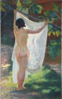 Baróthi Károly (1895-?): Női akt drapériával, 1909. Olaj, vászon. Jelezve jobbra lent. Proveniencia: Saphier-gyűjtemény. 100,5x63 cm. KIZÁRÓLAG SZEMÉLYES ÁTVÉTEL, NEM POSTÁZZUK! / ONLY PERSONAL COLLECTION AT OUR OFFICE!