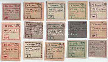 1919. Budapest "Vörös Újság" 50f (3x) + 1K (3x) + 2K (3x) + 5K (3x) + 10K (3x) közte sárgás, zöldes, lilás és fehér karton T:AU Adamo BUC-300.1, BUC-300.2, BUC-300.3, BUC-300.4, BUC-300.5