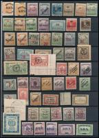 1918-1921 Megszállási és helyi kiadások 76 db bélyeg, közte eltolódott felülnyomások, lemezhibák, képbe fogazások, Bodor vizsgálójellel (54.625)