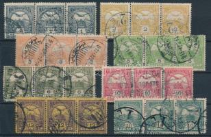 1913 Turul sor hármascsíkokban, a 25f, 1K kétszer + 2 db Hírlapbélyeg hármascsík