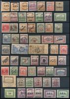 1918-1921 Megszállási és helyi kiadások 76 db bélyeg, közte eltolódott felülnyomások, lemezhibák, képbe fogazások, Bodor vizsgálójellel (74.200)