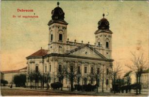 1909 Debrecen, Református nagytemplom, lovaskocsik (fa)