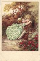 Olasz művészlap, szerelmes gyermekpár s: Bertiglia, Italian art postcard, romantic child couple s: Bertiglia