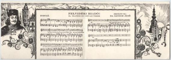 1938 Felvidéki riadó! Rákóczi Ferenc induló kottával. 2-részes irredenta kihajtható képeslap. Magyar Nemzeti Szövetség kiadása / Upper Hungarian irredenta marching song with music sheet, 2-tiled folding irredenta propaganda card s: Zsolt (EK)