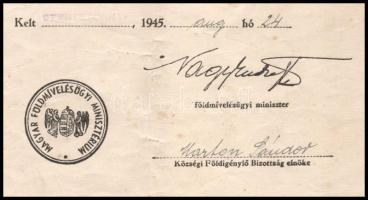 1945 Szentetornya, az Ideiglenes Nemzeti Kormány nagybirtokrendszer megszüntetéséről szóló rendelete...