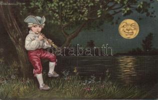 Italian art postcard, flute-playing boy, night 'Ultra 2092.' s: Colombo, Olasz művészlap, furulyázó fiú, este 'Ultra 2092.' s: Colombo