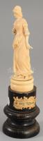 cca 1800-1820 Elegáns hölgy - faragott csont szobor, fa talapzaton, keze sérült, m: 17,5 cm