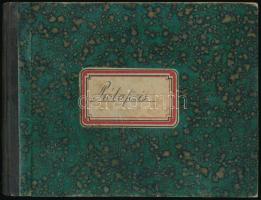 cca 1920 évek vége/1930 "Próbafőzés." (Franek? aláírással.) Benne kézzel írt receptekkel, grammra kiszámolva, üzemi konyhai szakács receptjei lehetnek ("Lett belőle: 230 adag étel."), 98+5 p. Benne 2 db kitöltetlen dokumentummal: "Budapest-Lipótmezei M. Kir. Áll. Elme- és Ideggyógyintézet" kérelmi lap és "Napi fogyasztási jegyzék." Átkötött haránt-alakú félvászon-kötés.